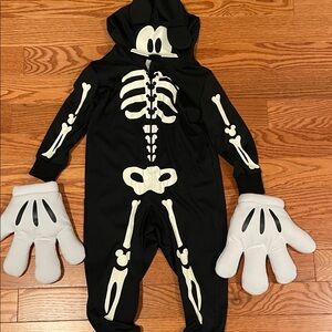 Disney Mickey Mouse Skeleton Costume with gloves for Kids sz 4 Glow in the dark